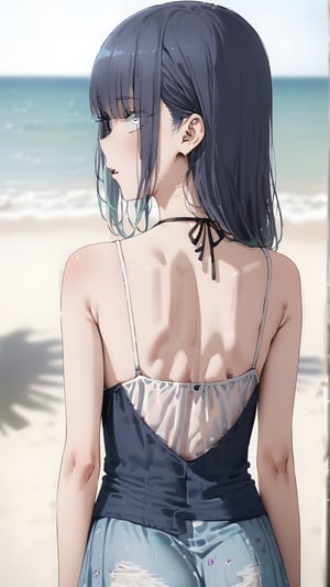 high resolution,  ultra detailed,  (masterpiece:1.4), taeri,  busty, super photo realistic illustration, highres, ultla detailed, absurdres,  best quality, masterpiece,  

sense of depth, outdoor, beach, horizon, face only, upper teeth only, clear face, parted lips, puffy lips, solo, girl, 16yo, ((white eyes, white eye makeup, white eyelashes, white eyeliner, white eyeshadow, intricate pupils)), kawaii, (((very skinny, emaciated))), ribs, hip bones, gradient hair, silver and blue hair, blunt bangs, eyes visible through hair,(see-through long camisole), tight bikini, see-through long skirt,  standing, insanely detailed eyes, (from back shot:1.5), looking forward, hip focus, hip only, 