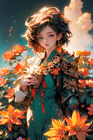 high resolution,  ultra detailed,  (masterpiece:1.4),  taeri,  super photo realistic illustration,  highres,  ultla detailed,  absurdres,  best quality,  woman,  flower dress,  colorful,  darl background,  flower armor,  green theme,  exposure blend,  medium shot,  bokeh,  (hdr:1.4),  high contrast,  (cinematic,  teal and orange:0.85),  (muted colors,  dim colors,  soothing tones:1.3)