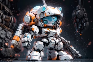 (best quality, masterpiece, ultra detailed, ultra high res, photorealistic, raw photo, absurdres, absolutely resolution:1.3), Best quality, masterpiece, strong contrast, high level of detail, Best quality, masterpiece, 16k wallpaper, concept art, high level of detail, strong contrast,   BJ_Cute_Mech, 1 mech, solo, perfect chibi full body mech, mech in distance, mechanical face, mech face in detail, huge mechanical head in detail, hard surface face, two huge jade eyes like camera lends, holding, standing, perfect chibi full body, extremely small torso, weapon, chibi, holding_weapon, gun, blush_stickers, helmet, holding_gun, android, joints, robot_joints, orange rivet on joints, hard surface, heavy armored mech, 1 bipedal mech, the mech is white and orange in color, it has a round head and a triangular visor, the mech’s head is small, the mech’s head is integrated with the mech’s body, no neck, The mech’s body is a white oval-shaped box, the box is connected to the mech’s head and shoulders, the box has an orange line on the front, the line separates the mech’s chest and abdomen, the box has an orange circular part on the side, the part separates the mech’s waist and abdomen, steampunk battle field background, depths of deep field, 