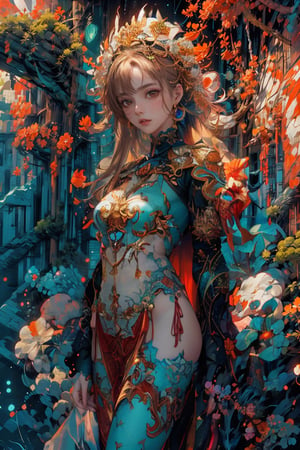 best quality, masterpiece, ultra detailed, ultra high res, photorealistic, raw photo, absurdres, absolutely resolution:1.3), Best quality, masterpiece, strong contrast, high level of detail, Best quality, masterpiece, 16k wallpaper, concept art, high level of detail, strong contrast,

woman, flower dress, colorful, darl background,flower armor,green theme,exposure blend, medium shot, bokeh, (hdr:1.4), high contrast, (cinematic, teal and orange:0.85), (muted colors, dim colors, soothing tones:1.3), low saturation, middle shot, Yamato, nice studio lighting,