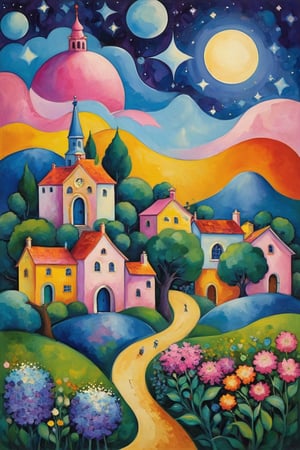 oil painting concept art, vibrant color, 

The starry night, Teppei Sasakura style, 

Create a whimsical and vibrant townscape with colorful, fantastical buildings, flower garden, The color palette should include bright pinks, oranges, blues, and purples, with contrasting highlights and shadows to give depth, The brushwork should be smooth, with clean lines for the buildings and more fluid strokes for the sky and water reflections, The overall art style should evoke elements of surrealism mixed with folk art, Draw inspiration from artists like Marc Chagall for dreamlike scenes and Joan Miró for bold colors and shapes,

a image for a póster of psytrance festival, contains fractals, spiritual composition, the imagen evoke happiness and energy. the imagen contains organic textures and surreal composition. some parts of the image evoke a las trip,p1c4ss0