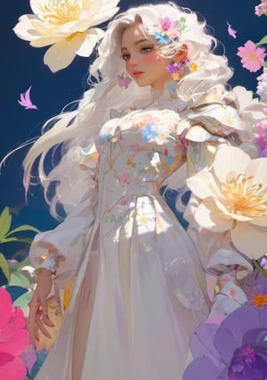 portrait,woman, flower dress, colorful, darl background,flower armor,white theme,dfdd,2d_animated,niji5