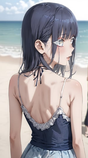 high resolution,  ultra detailed,  (masterpiece:1.4), taeri,  busty, super photo realistic illustration, highres, ultla detailed, absurdres,  best quality, masterpiece,  

sense of depth, outdoor, beach, horizon, face only, upper teeth only, clear face, parted lips, puffy lips, solo, girl, 16yo, ((white eyes, white eye makeup, white eyelashes, white eyeliner, white eyeshadow, intricate pupils)), kawaii, (((very skinny, emaciated))), ribs, hip bones, gradient hair, silver and blue hair, blunt bangs, eyes visible through hair,(see-through long camisole), tight bikini, see-through long skirt,  standing, insanely detailed eyes, (from back shot:1.5), looking forward, hip focus, hip only, 