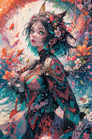high resolution,  ultra detailed,  (masterpiece:1.4),  taeri,  busty,  super photo realistic illustration,  highres,  ultla detailed,  absurdres,  best quality,  woman,  flower dress,  colorful,  darl background,  flower armor,  green theme,  exposure blend,  medium shot,  bokeh,  (hdr:1.4),  high contrast,  (cinematic,  teal and orange:0.85),  (muted colors,  dim colors,  soothing tones:1.3),  (god bless you:1.3), 
compassionate expression,  empathetic,  caring,  kind, 
content expression,  satisfied,  pleased,  gratified, 
thoughtful expression,  pensive,  reflective,  contemplative, 
determined expression,  resolute,  purposeful,  firm, 

(colorful:1.5),  glowing lights,  pillar of lights,  blooming light effect, 
papier colle,  paper collage,  layered compositions,  varied textures,  abstract designs,  artistic juxtapositions,  mixed-media approach, 
(Zentangle:1.5),  structured patterns,  meditative drawing,  intricate designs,  focus and relaxation,  creative doodling,  artistic expression