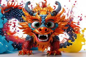 Whimsical Macro shot of a whimsical chinese  dragon with intricately large golden eyes, resembling a fluffy dragon with long hair like frame, coming through a whole in the wall which is surrounded by multicolour splashes, head and paws first, white background, bright detailed eyes, Ultra High Definition,HD,3D 8k, full body shot, 