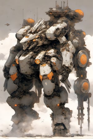 //Stayle
brush(medium), steam punk, (Alphonse Mucha:1.3), Create an image of a futuristic robot in a dystopian setting, full body wide image,

//quality
ultra hires, ultra detailed, ultra realistic, ultra quality, magic realism, 8k wallpapers, concept art,

//Character 
1 bipedal mech, the mech is white and orange in color, round head and a triangular visor, head is small, The head is integrated with the upper front of the mechanical torso to the middle of the front, no neck, body is a white oval-shaped box, the box is connected to the mech’s head and shoulders, the box has an orange line on the front, the line separates the mech’s chest and abdomen, the box has an orange circular part on the side, the part separates the mech’s waist and abdomen, 
BREAK

The mech’s shoulders are dark gray egg-shaped parts, the parts are attached to the upper part of the mech’s body sideways, the parts are wider than the mech’s body, the parts have arms at both ends, the arms have white spherical joints at the base, the joints have white forearms at the bottom, the forearms are thin and long, small hands at the wrists, The legs have orange knee pads and white shins, the knee pads are round and plump, the shins are thick and short, small feet at the ankles,
BREAK

//Lighting 
cinematic lighting, (HDR1:3),

//Background 
mecha in a cursed town where the dead won't stay dead, rototech, gas light stands, open in internet explorer, steampunk town background, old European castle DemonQueen,Destruction The provided theme is a nonapplicable one, as it relates to  Destruction and the given words are themeful for a peaceful, beautiful scene obeying the theme of destruction, Erodedlandscape, Brokenglass, Collapsingbuildings, Dmmdystopia,