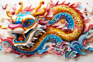 Whimsical Macro shot of a whimsical chinese  dragon with intricately large golden eyes, resembling a fluffy dragon with long hair, coming through a whole in the wall which is surrounded by multicolour splashes, head and paws first, white background, bright detailed eyes, Ultra High Definition,HD,3D 8k, full body shoyt, 