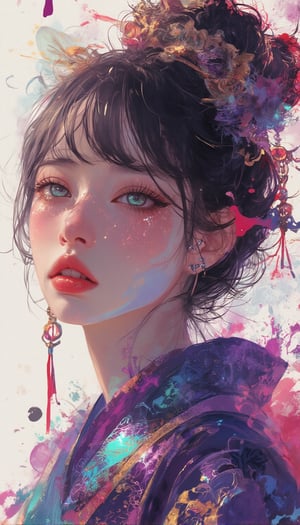 Here's a prompt that captures the desired image:

A cinematic shot of a fantasy beauty, anime style girl, art nouveau inspiration, set against a white background. A half-Japanese and half-Spanish samurai girl with an egg-shaped face, drawn in rough lines, short neck,fair skin,  detailed eyes, beautiful turquoise blue eyes gazes up with half-closed eyes that sparkle like bio-chemiluminescence. Her detailed features, including fractal irises, are enhanced by white eye makeup, eyelashes, eyeliner, and eyeshadow. purple theme,She wears an intricate kimono dress adorned with mysterious metallic  ruffles and gorgeous hair ornaments as her semi-transparent body reveals a sexy teenage figure. Long hair flows like a kaleidoscope, with four different wind effects blowing, amidst a melting pigments effect with dripping paint and multicolour splashes surrounding the woman.