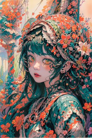 high resolution,  ultra detailed,  (masterpiece:1.4), taeri,  super photo realistic illustration, highres, ultla detailed, absurdres,  best quality, woman,  flower dress,  colorful,  darl background, flower armor, green theme, exposure blend,  medium shot,  bokeh,  (hdr:1.4),  high contrast,  (cinematic,  teal and orange:0.85),  (muted colors,  dim colors,  soothing tones:1.3),  

(colorful:1.5), glowing lights, pillar of lights, blooming light effect,
papier colle, paper collage, layered compositions, varied textures, abstract designs, artistic juxtapositions, mixed-media approach,
(Zentangle:1.5), structured patterns, meditative drawing, intricate designs, focus and relaxation, creative doodling, artistic expression,Animal ear