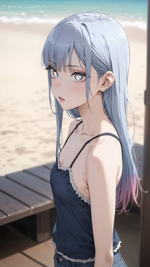 high resolution,  ultra detailed,  (masterpiece:1.4), taeri,  busty, super photo realistic illustration, highres, ultla detailed, absurdres,  best quality, masterpiece,  

sense of depth, outdoor, beach, horizon, face only, upper teeth only, clear face, parted lips, puffy lips, solo, girl, 16yo, ((white eyes, white eye makeup, white eyelashes, white eyeliner, white eyeshadow, white pupils)), kawaii, (((very skinny, emaciated))), ribs, hip bones, gradient hair, silver hair, blue hair, blunt bangs, eyes visible through hair, camisole, denim shots, standing, insanely detailed eyes, looking forward, (from back shot:1.5), focus hip,