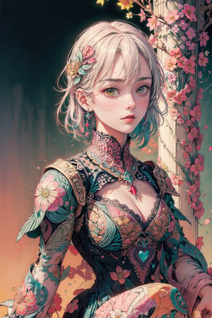 high resolution,  ultra detailed,  (masterpiece:1.4), taeri,  busty, super photo realistic illustration, highres, ultla detailed, absurdres,  best quality, woman,  flower dress,  colorful,  darl background, flower armor, green theme, exposure blend,  medium shot,  bokeh,  (hdr:1.4),  high contrast,  (cinematic,  teal and orange:0.85),  (muted colors,  dim colors,  soothing tones:1.3),  

(god bless you:1.3),
compassionate expression, empathetic, caring, kind,
content expression, satisfied, pleased, gratified,
thoughtful expression, pensive, reflective, contemplative,
determined expression, resolute, purposeful, firm,

(colorful:1.5), glowing lights, pillar of lights, blooming light effect,
papier colle, paper collage, layered compositions, varied textures, abstract designs, artistic juxtapositions, mixed-media approach,
(Zentangle:1.5), structured patterns, meditative drawing, intricate designs, focus and relaxation, creative doodling, artistic expression,