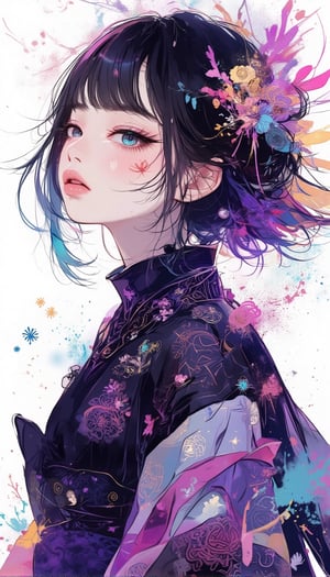 Here's a prompt that captures the desired image:

A cinematic shot of a fantasy beauty, anime style girl, art nouveau inspiration, set against a white background. A half-Japanese and half-Spanish samurai girl with an egg-shaped face, drawn in rough lines, short neck, detailed eyes, beautiful turquoise blue eyes gazes up with half-closed eyes that sparkle like bio-chemiluminescence. Her detailed features, including fractal irises, are enhanced by white eye makeup, eyelashes, eyeliner, and eyeshadow. purple theme,She wears an intricate kimono dress adorned with mysterious metallic  ruffles and gorgeous hair ornaments as her semi-transparent body reveals a sexy teenage figure. Long hair flows like a kaleidoscope, with four different wind effects blowing, amidst a melting pigments effect with dripping paint and multicolour splashes surrounding the woman.