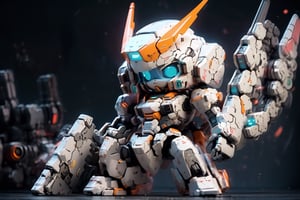 Best quality,masterpiece, strong contrast, high level of detail,Best quality,masterpiece, 16k wallpaper, concept art, high level of detail, strong contrast,

BJ_Cute_Mech,1 mech, solo, perfect chibi full body mech, mech in distance , mechanical face, mech face in detail, huge mechanical head in detail , hard surface face, two huge jade eyes like camera lends, holding, standing, perfect chibi full body,extremely small torso, weapon, chibi, holding_weapon, gun,blush_stickers, helmet,holding_gun, android, backpack with jet engines, robot_joints, orange rivet on joints, hard surface, heavy armored mech, 1 bipedal mech, the mech is white and orange in color, it has a round head and a triangular visor, the mech’s head is small, the mech’s head is integrated with the mech’s body, no neck,  The mech’s body is a white oval-shaped box, the box is connected to the mech’s head and shoulders, the box has an orange line on the front, the line separates the mech’s chest and abdomen, the box has an orange circular part on the side, the part separates the mech’s waist and abdomen, 

steampunk battle field  background, depths of deep field,

cinematic lighting, , BJ_Gundam,mecha,engineering map,QRobot
