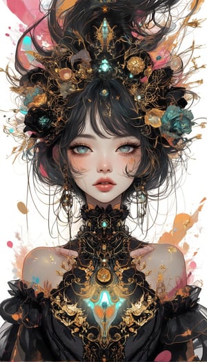 Here's a prompt that captures the desired image:

A cinematic shot of a fantasy beauty, anime style girl, art nouveau inspiration, set against a white background. A half-Japanese and half-Spanish beutiful girl with an egg-shaped face, drawn in rough lines, short neck, detailed eyes, beautiful turquoise blue eyes gazes up with half-closed eyes that sparkle like bio-chemiluminescence. Her detailed features, including fractal irises, are enhanced by white eye makeup, eyelashes, eyeliner, and eyeshadow. sparkling gold theme,She wears an intricate gothic dress adorned with mysterious metallic  ruffles and gorgeous hair ornaments as her semi-transparent body reveals a sexy teenage figure. Long hair flows like a kaleidoscope, with four different wind effects blowing, amidst a melting pigments effect with dripping paint and multicolour splashes surrounding the woman.