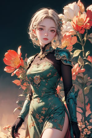 high resolution,  ultra detailed,  (masterpiece:1.4), taeri,  super photo realistic illustration, highres, ultla detailed, absurdres,  best quality, woman,  flower dress,  colorful,  darl background, flower armor, green theme, exposure blend,  medium shot,  bokeh,  (hdr:1.4),  high contrast,  (cinematic,  teal and orange:0.85),  (muted colors,  dim colors,  soothing tones:1.3),  