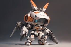 Best quality, masterpiece, high level of detail, ultra hires, masterpiece,  16k wallpaper,  absurdres, concept art,  high level of detail,  (HDR:1.4), blush_stickers,
BREAK

BJ_Cute_Mech, 1 bipedal mech,  solo,  extremely beautiful mech, perfect chibi full body,  mech in distance,  mechanical face,  mech face in detail,  huge mechanical head in detail,  hard surface face,  two huge jade eyes like mecanical camera lends, perfect chibi full body, extremely small torso,  weapon,  holding_shield in mech's left hand ,  Assault rifle,  helmet, holding_ Assault rifle in mech's right hand,  android,  


joints,  robot_joints,  orange rivet on joints,  hard surface,  heavy armored head and body, heavy armored arms and legs, the mech is white and orange in color,  the mech has a round head and a triangular visor,  the mech’s head is small,  the mech’s head is integrated with the mech’s body,  no neck,  The mech’s body is a small white oval-shaped box,  the box is connected to the mech’s head and shoulders,  the body has an orange line on the front,  the line separates the mech’s chest and abdomen,  the body has an orange circular part on the side,  the part separates the mech’s waist and abdomen, standing pose,  
BREAK

//Background
steampunk battle field  background,  depths of deep field, broken machines, many gears, many machines, 

//Effect
cinematic lighting, light effects, blooming light effects,paper collage, layered composition,structured patterns,(mixed media aprroach,  creative doodling, artistic expression, Zentangle:1.4), ,battlebots