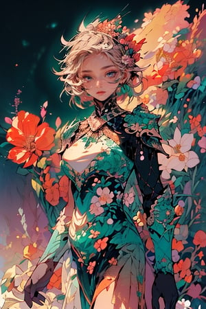 high resolution,    ultra detailed,     masterpiece,     best quality,

woman, flower dress, colorful, darl background,flower armor,green theme,exposure blend, medium shot, bokeh, (hdr:1.4), high contrast, (cinematic, teal and orange:0.85), (muted colors, dim colors, soothing tones:1.3), low saturation,Animal ear