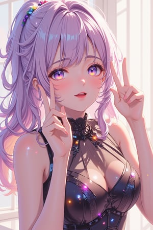 A young woman with voluminous, wavy hair cascading around her face and shoulders, making a peace sign with both hands. Her hair is a blend of soft pastel colors with prominent shades of purple and orange. She has detailed, expressive eyes and is wearing a form-fitting, sleeveless top that suggests a playful yet confident personality. The lighting is soft, giving the image an ethereal glow. The style should be anime, with clean lines, smooth textures, and a brush touch that reflects the unique color usage typical of anime illustrations. The overall quality should be high-resolution, capturing fine details and vibrant colors.
Her expression is cheerful and lively, with a wide, genuine smile that shows her teeth. Her eyes are large and sparkling, with a hint of mischief and joy. Her eyebrows are slightly raised, adding to the playful and energetic vibe of her expression. The blush on her cheeks enhances her youthful and vibrant appearance.
The art style should be reminiscent of modern anime, with a focus on clean, crisp lines and smooth shading. The linework should be precise and delicate, with varying line thickness to add depth and dimension. The colors should be vibrant and well-blended, with a soft gradient effect to create a sense of depth and realism. The overall texture should be smooth, with a slight brushstroke effect to give the image a hand-drawn feel. The background should be simple and not distract from the main character, possibly with a soft gradient or abstract pattern to enhance the ethereal atmosphere.
She is wearing a form-fitting, sleeveless top that accentuates her figure, with a high neckline and intricate patterns that add a touch of elegance. The top is a blend of soft pastel colors, matching her hair, with subtle highlights that catch the light. The fabric appears smooth and slightly reflective, giving it a silky texture. Her outfit complements her playful yet confident personality, adding to the overall charm of her appearance.,1girl_Anime,glowing,bright,luminous skin,glowing brightly,warm light,radiant,soft,glowing skin and vibrant, luminous features,glowing visual effects,glowing particles,neon,glowingstyle