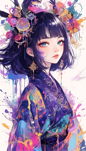 Here's a prompt that captures the desired image:

A cinematic shot of a fantasy beauty, anime style girl, art nouveau inspiration, set against a white background. A half-Japanese and half-Spanish samurai girl with an egg-shaped face, drawn in rough lines, detailed eyes, beautiful turquoise blue eyes gazes up with half-closed eyes that sparkle like bio-chemiluminescence. Her detailed features, including fractal irises, are enhanced by white eye makeup, eyelashes, eyeliner, and eyeshadow. purple theme,She wears an intricate kimono dress adorned with mysterious metallic  ruffles and gorgeous hair ornaments as her semi-transparent body reveals a sexy teenage figure. Long hair flows like a kaleidoscope, with four different wind effects blowing, amidst a melting pigments effect with dripping paint and multicolour splashes surrounding the woman.