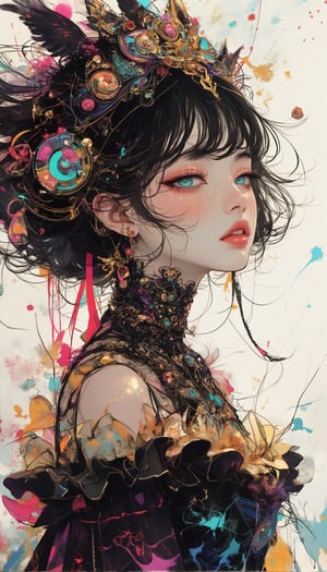 Here's a prompt that captures the desired image:

A cinematic shot of a fantasy beauty, anime style girl, art nouveau inspiration, set against a white background. A half-Japanese and half-Spanish beutiful girl with an egg-shaped face, drawn in rough lines, short neck, detailed eyes, beautiful turquoise blue eyes gazes up with half-closed eyes that sparkle like bio-chemiluminescence. Her detailed features, including fractal irises, are enhanced by white eye makeup, eyelashes, eyeliner, and eyeshadow. sparkling gold theme,She wears an intricate gothic dress adorned with mysterious metallic  ruffles and gorgeous hair ornaments as her semi-transparent body reveals a sexy teenage figure. Long hair flows like a kaleidoscope, with four different wind effects blowing, amidst a melting pigments effect with dripping paint and multicolour splashes surrounding the woman.