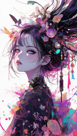 Here's a prompt that captures the desired image:

A cinematic shot of a fantasy beauty, anime style girl, art nouveau inspiration, set against a white background. A half-Japanese and half-Spanish samurai girl with an egg-shaped face, drawn in rough lines, short neck, detailed eyes, beautiful turquoise blue eyes gazes up with half-closed eyes that sparkle like bio-chemiluminescence. Her detailed features, including fractal irises, are enhanced by white eye makeup, eyelashes, eyeliner, and eyeshadow. purple theme,She wears an intricate kimono dress adorned with mysterious metallic  ruffles and gorgeous hair ornaments as her semi-transparent body reveals a sexy teenage figure. Long hair flows like a kaleidoscope, with four different wind effects blowing, amidst a melting pigments effect with dripping paint and multicolour splashes surrounding the woman. from side low angle, long at viewer, learning back, 