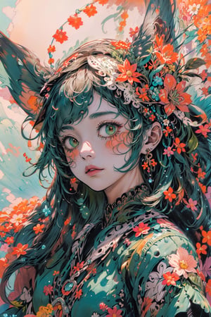 high resolution,  ultra detailed,  (masterpiece:1.4), taeri,  super photo realistic illustration, highres, ultla detailed, absurdres,  best quality, woman,  flower dress,  colorful,  darl background, flower armor, green theme, exposure blend,  medium shot,  bokeh,  (hdr:1.4),  high contrast,  (cinematic,  teal and orange:0.85),  (muted colors,  dim colors,  soothing tones:1.3),  

(colorful:1.5), glowing lights, pillar of lights, blooming light effect,
papier colle, paper collage, layered compositions, varied textures, abstract designs, artistic juxtapositions, mixed-media approach,
(Zentangle:1.5), structured patterns, meditative drawing, intricate designs, focus and relaxation, creative doodling, artistic expression,Animal ear