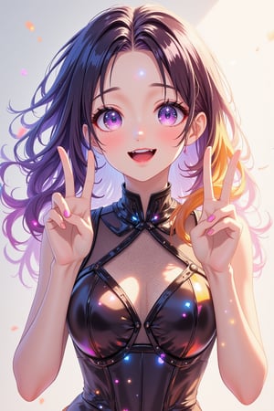 A young woman with voluminous, wavy hair cascading around her face and shoulders, making a peace sign with both hands. Her hair is a blend of soft pastel colors with prominent shades of purple and orange. She has detailed, expressive eyes and is wearing a form-fitting, sleeveless top that suggests a playful yet confident personality. The lighting is soft, giving the image an ethereal glow. The style should be anime, with clean lines, smooth textures, and a brush touch that reflects the unique color usage typical of anime illustrations. The overall quality should be high-resolution, capturing fine details and vibrant colors.
Her expression is cheerful and lively, with a wide, genuine smile that shows her teeth. Her eyes are large and sparkling, with a hint of mischief and joy. Her eyebrows are slightly raised, adding to the playful and energetic vibe of her expression. The blush on her cheeks enhances her youthful and vibrant appearance.
The art style should be reminiscent of modern anime, with a focus on clean, crisp lines and smooth shading. The linework should be precise and delicate, with varying line thickness to add depth and dimension. The colors should be vibrant and well-blended, with a soft gradient effect to create a sense of depth and realism. The overall texture should be smooth, with a slight brushstroke effect to give the image a hand-drawn feel. The background should be simple and not distract from the main character, possibly with a soft gradient or abstract pattern to enhance the ethereal atmosphere.
She is wearing a form-fitting, sleeveless top that accentuates her figure, with a high neckline and intricate patterns that add a touch of elegance. The top is a blend of soft pastel colors, matching her hair, with subtle highlights that catch the light. The fabric appears smooth and slightly reflective, giving it a silky texture. Her outfit complements her playful yet confident personality, adding to the overall charm of her appearance.,1girl_Anime,glowing,bright,luminous skin,glowing brightly,warm light,radiant,soft,glowing skin and vibrant, luminous features,glowing visual effects,glowing particles,neon,glowingstyle