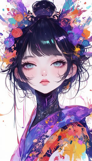 Here's a prompt that captures the desired image:

A cinematic shot of a fantasy beauty, anime style girl, art nouveau inspiration, set against a white background. A half-Japanese and half-Spanish samurai girl with an egg-shaped face, drawn in rough lines, short neck, detailed eyes, beautiful turquoise blue eyes gazes up with half-closed eyes that sparkle like bio-chemiluminescence. Her detailed features, including fractal irises, are enhanced by white eye makeup, eyelashes, eyeliner, and eyeshadow. purple theme,She wears an intricate kimono dress adorned with mysterious metallic  ruffles and gorgeous hair ornaments as her semi-transparent body reveals a sexy teenage figure. Long hair flows like a kaleidoscope, with four different wind effects blowing, amidst a melting pigments effect with dripping paint and multicolour splashes surrounding the woman.