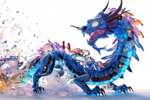 A shining Azure chinese dragon, with a cybernetic body, crawling over a luminous, Whimsical Macro shot of a whimsically mythical creature with large golden eyes, resembling a rising Azure dragon with crystal body, coming through a whole in the wall which is surrounded by multicolour splashes, head and paws first, white background, Ultra High Definition,HD,3D 8k, full body shot, rising pose,