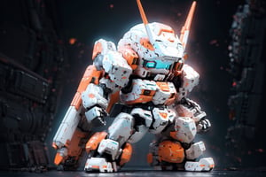 (best quality, masterpiece, ultra detailed, ultra high res, photorealistic, raw photo, absurdres, absolutely resolution:1.3), strong contrast, high level of detail, 16k wallpaper, concept art, high level of detail, strong contrast,   BJ_Cute_Mech, 1 mech, solo, perfect chibi full body mech, mech in distance, mechanical face, mech face in detail, huge mechanical head in detail, hard surface face, two huge jade eyes like camera lends, holding, standing, perfect chibi full body, extremely small torso, weapon, chibi, holding_weapon, gun, blush_stickers, helmet, holding_gun, android, joints, robot_joints, orange rivet on joints, hard surface, heavy armored mech, 1 bipedal mech, the mech is white and orange in color, it has a round head and a triangular visor, the mech’s head is small, the mech’s head is integrated with the mech’s body, no neck, The mech’s body is a white oval-shaped box, the box is connected to the mech’s head and shoulders, the box has an orange line on the front, the line separates the mech’s chest and abdomen, the box has an orange circular part on the side, the part separates the mech’s waist and abdomen, steampunk battle field background, depths of deep field, 