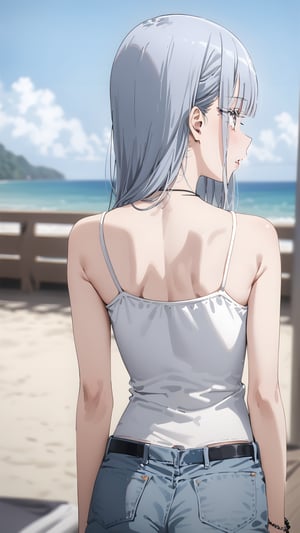 high resolution,  ultra detailed,  (masterpiece:1.4), taeri,  busty, super photo realistic illustration, highres, ultla detailed, absurdres,  best quality, masterpiece,  

sense of depth, outdoor, beach, horizon, face only, upper teeth only, clear face, parted lips, puffy lips, solo, girl, 16yo, ((white eyes, white eye makeup, white eyelashes, white eyeliner, white eyeshadow, white pupils)), kawaii, (((very skinny, emaciated))), ribs, hip bones, gradient hair, silver hair, blue hair, blunt bangs, eyes visible through hair,camisole, denim shot pants,, standing, insanely detailed eyes, (from back shot:1.5), hip focus, hip only, 