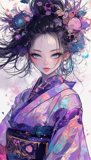 Here's a prompt that captures the desired image:

A cinematic shot of a fantasy beauty, anime style girl, art nouveau inspiration, set against a white background. A half-Japanese and half-Spanish samurai girl with an egg-shaped face, drawn in rough lines, short neck, detailed eyes, beautiful turquoise blue eyes gazes up with half-closed eyes that sparkle like bio-chemiluminescence. Her detailed features, including fractal irises, are enhanced by white eye makeup, eyelashes, eyeliner, and eyeshadow. purple theme,She wears an intricate kimono dress adorned with mysterious metallic  ruffles and gorgeous hair ornaments as her semi-transparent body reveals a sexy teenage figure. Long hair flows like a kaleidoscope, with four different wind effects blowing, amidst a melting pigments effect with dripping paint and multicolour splashes surrounding the woman.