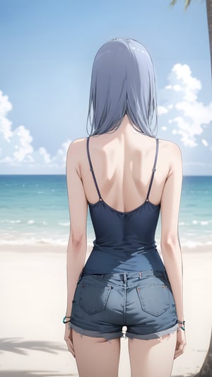 high resolution,  ultra detailed,  (masterpiece:1.4), taeri,  busty, super photo realistic illustration, highres, ultla detailed, absurdres,  best quality, masterpiece,  

sense of depth, outdoor, beach, horizon, kawaii, (((very skinny, emaciated))), ribs, hip bones, gradient hair, silver and blue hair, blunt bangs, eyes visible through hair,(see-through long camisole), tight bikini, very short pants, standing, insanely detailed eyes, (from back shot:1.5), back view, back only, hip focus, hip only, middle shot, 