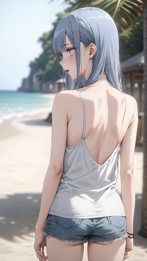 high resolution,  ultra detailed,  (masterpiece:1.4), taeri,  busty, super photo realistic illustration, highres, ultla detailed, absurdres,  best quality, masterpiece,  

sense of depth, outdoor, beach, horizon, face only, upper teeth only, clear face, parted lips, puffy lips, solo, girl, 16yo, ((white eyes, white eye makeup, white eyelashes, white eyeliner, white eyeshadow, white pupils)), kawaii, (((very skinny, emaciated))), ribs, hip bones, gradient hair, silver hair, blue hair, blunt bangs, eyes visible through hair, camisole, denim shots, standing, insanely detailed eyes, (looking at background:1.5), looking forward, (from back shot:1.5), focus hip, hip only, 