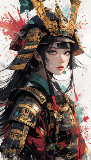 Here's a prompt that captures the desired image:

A cinematic shot of a fantasy beauty, anime style girl, art nouveau inspiration, set against a white background. A half-Japanese and half-Spanish samurai girl with an egg-shaped face, drawn in rough lines, short neck, detailed eyes, beautiful turquoise blue eyes gazes up with half-closed eyes that sparkle like bio-chemiluminescence. Her detailed features, including fractal irises, are enhanced by white eye makeup, eyelashes, eyeliner, and eyeshadow. black and gold theme, 

Here’s a more detailed and combined description of the features and materials of Japanese armor during the Sengoku period:
The armor from the Sengoku period, was meticulously crafted to provide maximum protection while ensuring mobility. It typically included a helmet adorned with intricate decorations and family crests, a cuirass made from lacquered iron plates for rust prevention, shoulder guards, arm guards, thigh guards, and shin guards. The armor’s design was both functional and ornate, reflecting the samurai’s status and clan affiliation. The primary materials used were iron and leather, with iron plates connected by leather or silk cords for strength and flexibility. Silk was particularly valued for its durability and ability to maintain the armor’s integrity during combat. This combination of materials and craftsmanship ensured that the armor could effectively protect against traditional weapons of the time, such as swords, , gorgeous hair ornaments as her semi-transparent body reveals a sexy teenage figure. Long hair flows like a kaleidoscope, with four different wind effects blowing, amidst a melting pigments effect with dripping paint and multicolour splashes surrounding the woman. from side low angle, long at viewer, learning back, 