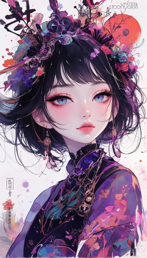 Here's a prompt that captures the desired image:

A cinematic shot of a fantasy beauty, anime style girl, art nouveau inspiration, set against a white background. A half-Japanese and half-Spanish samurai girl with an egg-shaped face, drawn in rough lines, short neck, detailed eyes, beautiful turquoise blue eyes gazes up with half-closed eyes that sparkle like bio-chemiluminescence. Her detailed features, including fractal irises, are enhanced by white eye makeup, eyelashes, eyeliner, and eyeshadow. purple theme,She wears an intricate kimono dress adorned with mysterious metallic  ruffles and gorgeous hair ornaments as her semi-transparent body reveals a sexy teenage figure. Long hair flows like a kaleidoscope, with four different wind effects blowing, amidst a melting pigments effect with dripping paint and multicolour splashes surrounding the woman.