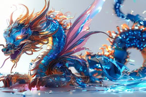 A shining Azure chinese dragon, with a cybernetic body, crawling over a luminous, Whimsical Macro shot of a whimsically mythical creature with large golden eyes, resembling a rising Azure dragon with crystal body, coming through a whole in the wall which is surrounded by multicolour splashes, head and paws first, white background, Ultra High Definition,HD,3D 8k, full body shot, rising pose,