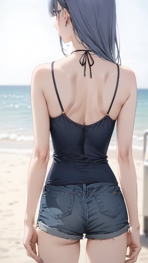 high resolution,  ultra detailed,  (masterpiece:1.4), taeri,  busty, super photo realistic illustration, highres, ultla detailed, absurdres,  best quality, masterpiece,  

sense of depth, outdoor, beach, horizon, kawaii, (((very skinny, emaciated))), ribs, hip bones, gradient hair, silver and blue hair, blunt bangs, eyes visible through hair,(see-through long camisole), tight bikini, very short pants, standing, insanely detailed eyes, (from back shot:1.5), back view, back only, hip focus, hip only, middle shot, 