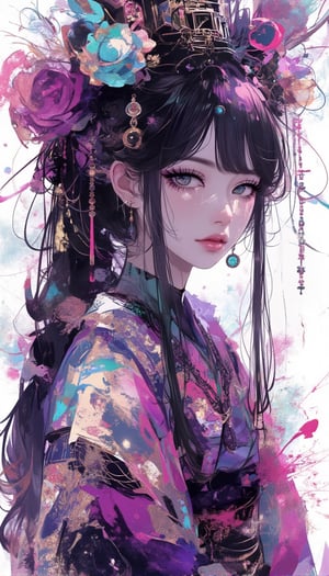 Here's a prompt that captures the desired image:

A cinematic shot of a fantasy beauty, anime style girl, art nouveau inspiration, set against a white background. A half-Japanese and half-Spanish samurai girl with an egg-shaped face, drawn in rough lines, short neck, detailed eyes, beautiful turquoise blue eyes gazes up with half-closed eyes that sparkle like bio-chemiluminescence. Her detailed features, including fractal irises, are enhanced by white eye makeup, eyelashes, eyeliner, and eyeshadow. purple theme,She wears an intricate kimono dress adorned with mysterious metallic  ruffles and gorgeous hair ornaments as her semi-transparent body reveals a sexy teenage figure. Long hair flows like a kaleidoscope, with four different wind effects blowing, amidst a melting pigments effect with dripping paint and multicolour splashes surrounding the woman. from side low angle, long at viewer, learning back, 