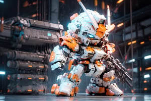 Best quality, masterpiece,  strong contrast,  high level of detail, Best quality, masterpiece,  16k wallpaper,  concept art,  high level of detail,  strong contrast, 
BREAK

BJ_Cute_Mech, 1 bipedal mech,  solo,  perfect chibi full body mech,  mech in distance,  mechanical face,  mech face in detail,  huge mechanical head in detail,  hard surface face,  two huge jade eyes like camera lends,  holding,   perfect chibi full body, extremely small torso,  weapon,  chibi,  holding_weapon,  gun, blush_stickers,  helmet, holding_gun,  android,  joints,  robot_joints,  orange rivet on joints,  hard surface,  heavy armored head and body, heavy armored arms and legs, the mech is white and orange in color,  it has a round head and a triangular visor,  the mech’s head is small,  the mech’s head is integrated with the mech’s body,  no neck,  The mech’s body is a white oval-shaped box,  the box is connected to the mech’s head and shoulders,  the box has an orange line on the front,  the line separates the mech’s chest and abdomen,  the box has an orange circular part on the side,  the part separates the mech’s waist and abdomen, standing pose,  

steampunk battle field  background,  depths of deep field, 

cinematic lighting, ,BJ_Cute_Mech,High detailed ,BJ_Gundam, BJ_Gundam,QRobot