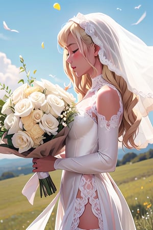 blonde hair, long straight hair, closed eyes, dark skin, hair fluttering in the wind, top of the hill, 1girl,
White Wedding dress, white lace thighhighs, throw a bouquet, side profile, upper body close-up