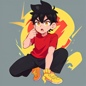 A black hair boy with a red shirt with a yellow thunder
