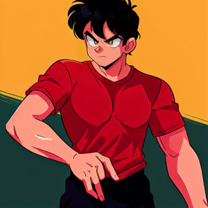 A black hair boy with a red shirt with a yellow thunder 
,1990s \(style\)