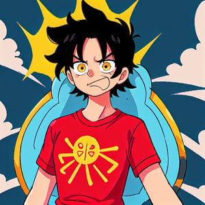 A black hair boy with a red shirt with a yellow thunder 
oda eiichirou