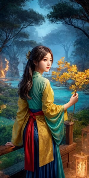 (Masterpiece, Top Quality, Best Quality, Official Art, Ethereal, Beauty & Aesthetics), Cute, Extremely Detailed, Abstract, Fractal Art, Black Hair, Long Hair, Destiny Collection, Colorful, Most Detailed, Fire, Ice, Lightning, Jewelry, black and gold Hanfu, landscape, ink, (ink line: 1.1), luminous backlight, Lothlorien, sunlight,bul4n