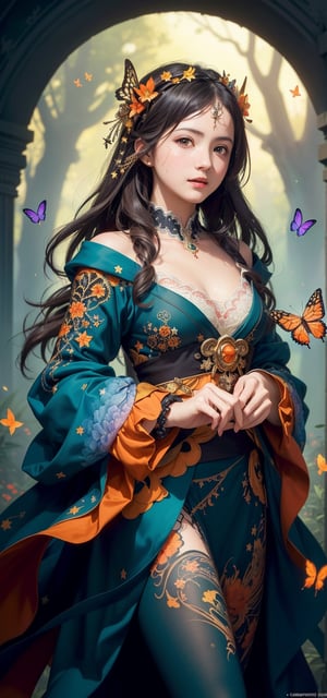 covered in medium and orange stars and butterflies(masterpiece, top quality, best, official art, beautiful and aesthetic:1.2),(masterpiece, top quality, best quality, official art, beautiful and aesthetic:1.2),(masterpiece, top quality, best quality, official art, beautiful and aesthetic:1.2), (1girl:1.3), extreme detailed,(fractal art:1.3),colorful,highest detailed,bul4n