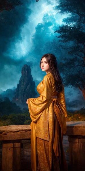 (Masterpiece, Top Quality, Best Quality, Official Art, Ethereal, Beauty & Aesthetics), Cute, Extremely Detailed, Abstract, Fractal Art, Black Hair, Long Hair, Destiny Collection, Colorful, Most Detailed, Fire, Ice, Lightning, Jewelry, black and gold Hanfu, landscape, ink, (ink line: 1.1), luminous backlight, Lothlorien, sunlight,bul4n