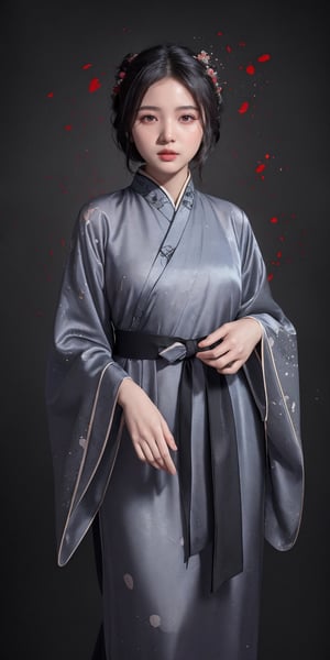 ((masterpiece, best quality, highres, amazing quality, very aesthetic, absurdres, 8k)), muelsyse (arknights),1girl, black short hair, black eyes ,solo,hanfu,chinese grey clothes,splatter background, niji6,more detail XL,sakimichan style,niji6,bul4n