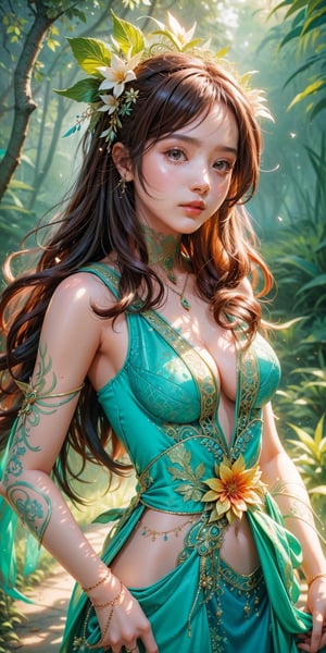 2.5D drawing, sexy 18 year old girl wearing goddess of the forest clothing, ginger hair with flower decoration, pantone clothes, magical forest, lightshow, (visual art, abstract:1.2), fantasy, (photorealistic:1.3), (intricate details:1.5), shallow depth of field, bokeh, Digital illustration, Fantasy
,AgoonGirl,1 girl,r1ge,bul4n