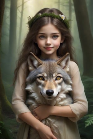 
In this enchanting and evocative scene, we find a young girl with an irresistibly cute face, sharing a mesmerizing connection with a magnificent wolf amidst a serene and mystical forest setting.

The girl possesses an innocence that shines through her gentle features. Her eyes, wide and filled with wonder, twinkle with curiosity and kindness. A sweet, endearing smile graces her lips, radiating warmth and friendliness. Her hair, a cascade of soft curls, adds to her overall charm, framing her face like a halo of innocence.

Dressed in attire that mirrors the natural surroundings, the girl appears as an integral part of the enchanted forest. Her clothing blends harmoniously with earthy tones and subtle hues, symbolizing her deep connection with nature. In her hand, she holds a small offering, a gesture of trust and kinship extended to the awe-inspiring creature beside her.

The wolf, a symbol of both wilderness and grace, stands proudly beside the girl. Its wise eyes meet hers with a sense of mutual understanding and respect. The wolf's majestic presence, juxtaposed with the girl's innocence, creates a captivating and tender contrast.

The forest itself is bathed in soft, ethereal light, casting a gentle glow on the scene. Tall, ancient trees surround them, their foliage whispering secrets of the woods. The interplay of light and shadow adds depth and enchantment to the overall tableau.

In this captivating image, the juxtaposition of youthful innocence and the untamed beauty of the wolf evokes a sense of magic and connection. It reminds us of the profound harmony that can exist between humans and the natural world and how genuine friendships can bloom even in the heart of a mystical forest.
, 8k quality, it like a 3 D picture
,HZ Steampunk